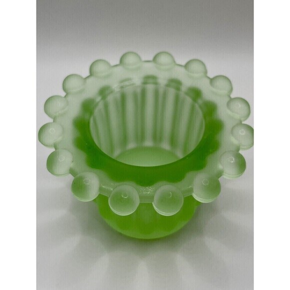 VINTAGE GREEN FROSTED GLASS Candle Holder, Ball Bead Rim, Footed, Votive - Picture 3 of 7